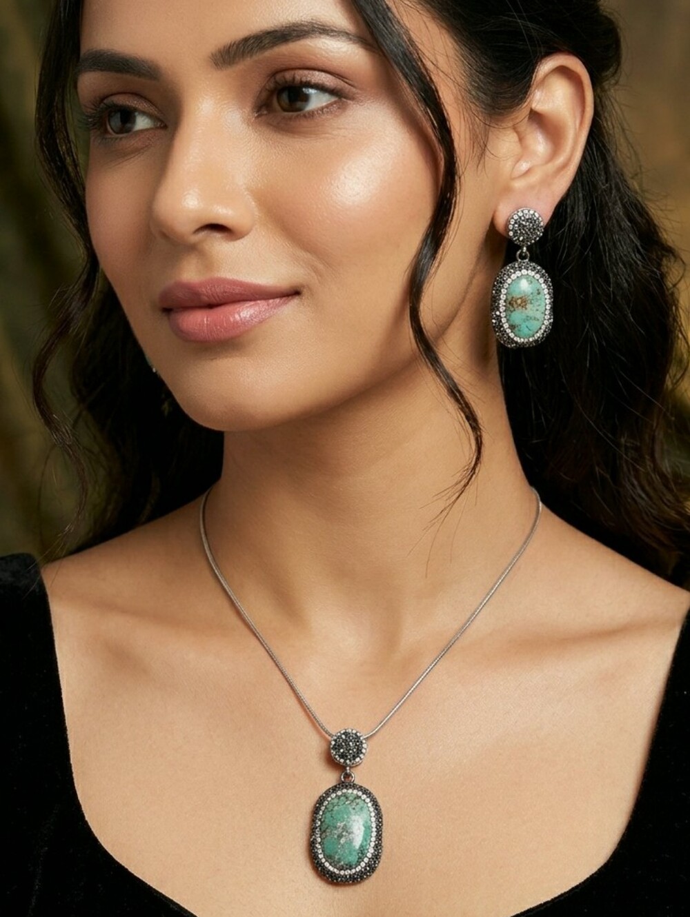 Sterling Matrix Green Turquoise Cabochon Rhinestone Necklace  Earrings SS 925